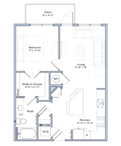 Floor plan for 1 bed, 1 bath, 720 sqft